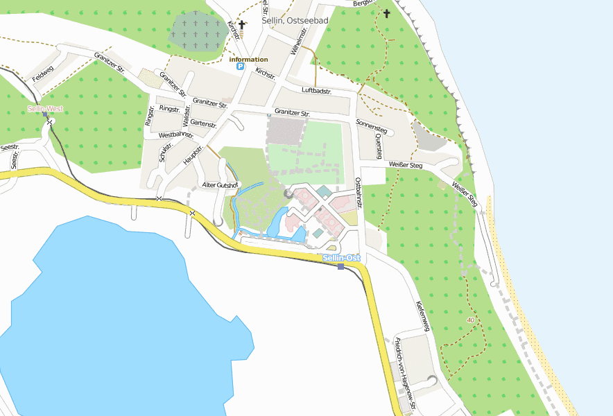 Seepark Sellin-Stadtplan mit Satellitenbild und Hotels von Rügen